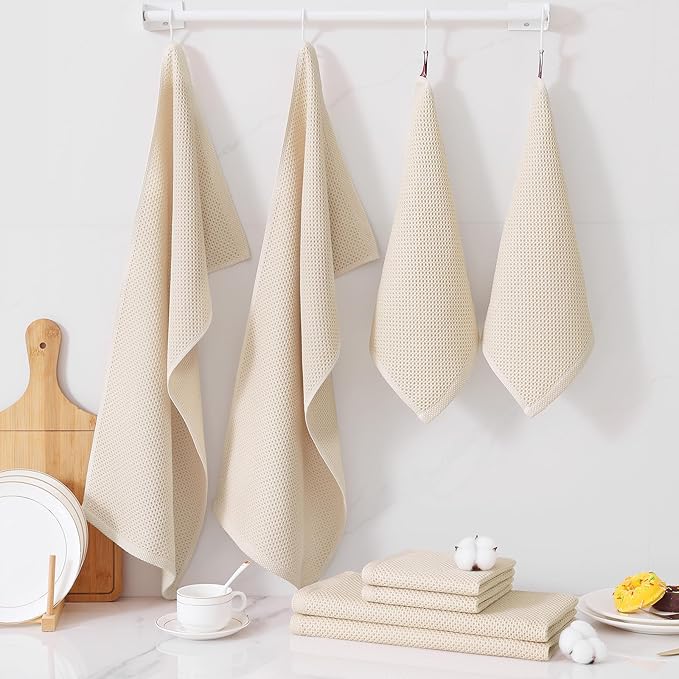 Homaxy 100% Cotton Kitchen Towels and Dishcloths Set, 12 x 12 Inches and 13 x 28 Inches, Set of 12 Bulk Kitchen Towels Set, Ultra Soft Absorbent Dish Cloths for Washing Dishes, Beige