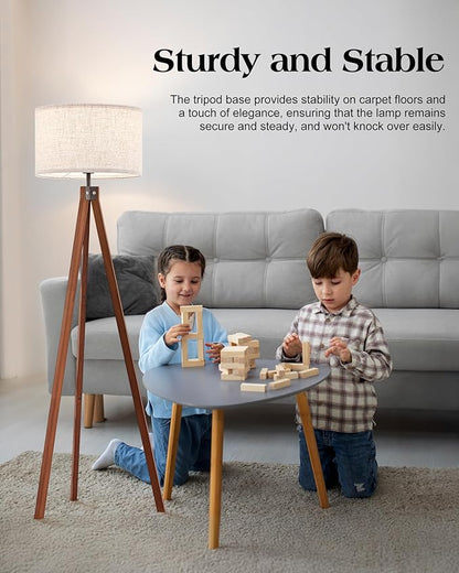 ELYONA Solid Wood Tripod Floor Lamp with 3 Color Temperatures LED Bulb, Mid Century Modern Reading Standing Light Nature Linen Shade Tall Night Light for Bedroom Living Room Office Study Room, Brown