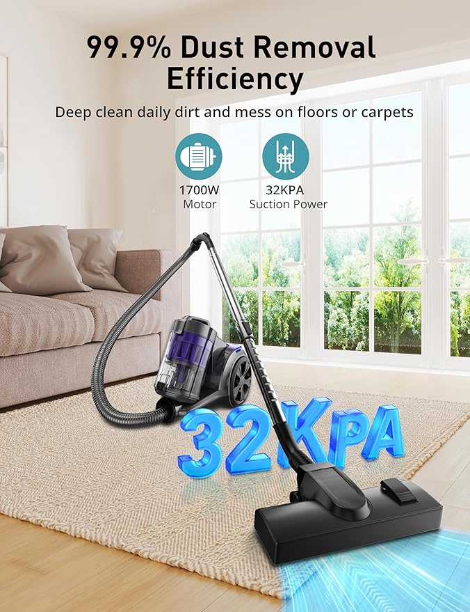 Aspiron 1700W Canister Vacuum Cleaner, 32Kpa Bagless Vacuum Cleaner, Multi-Cyclonic Filtration, 2 Anti-Allergen HEPA Filters, 3.5QT Dust Cup, 4 Tools, Corded Vacuum for Hard Floor, Pet Hair, Violet