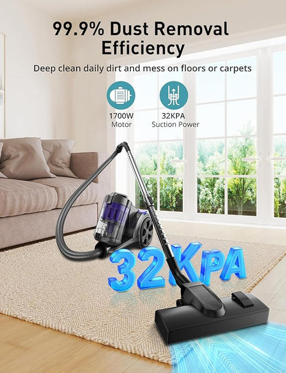Aspiron 1700W Canister Vacuum Cleaner, 32Kpa Bagless Vacuum Cleaner, Multi-Cyclonic Filtration, 2 Anti-Allergen HEPA Filters, 3.5QT Dust Cup, 4 Tools, Corded Vacuum for Hard Floor, Pet Hair, Lavender