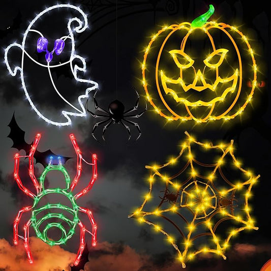 Halloween Decorations - 16" Halloween Window Silhouette Lights - 4 Pack Colour Lighted Spider & Ghost & Pumpkin & Spider Web for Holiday Indoor and Outdoor Wall Door Window Decorate