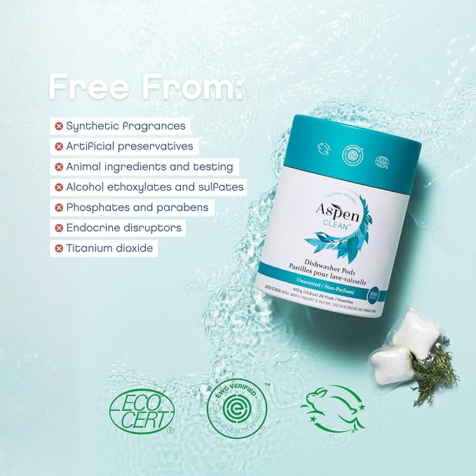 Unscented Dishwasher Pods by AspenClean, Dye-Free, Zero Plastic, EWG Verified™, Vegan, Eco-Friendly, Natural Dishwasher Detergent - 28 Count