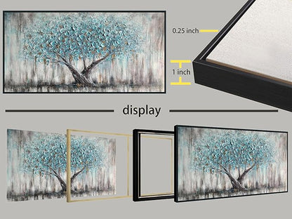 Arjun Framed Blue Tree Canvas Wall Art for Living Room Tree of Life Abstract Bedroom Textured Painting, Nature Picture Landscape Artwork Home Office Decor, Black Wood Large 40"x20"