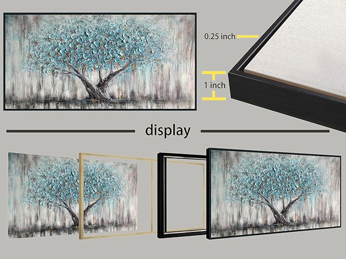 Arjun Framed Blue Tree Canvas Wall Art for Living Room Tree of Life Abstract Bedroom Textured Painting, Nature Picture Panoramic Landscape Artwork Home Office Decor, Black Wood Large 48"x24"