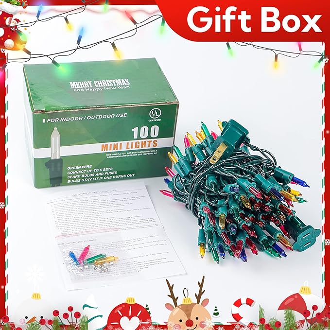 Clear Christmas Lights Green Wire 100 Count 23Feet Incandescent Bulb Mini String Lights for Indoor Christmas Tree Garland Birthday Holiday Party Wedding,Halloween Decor, Multi Color