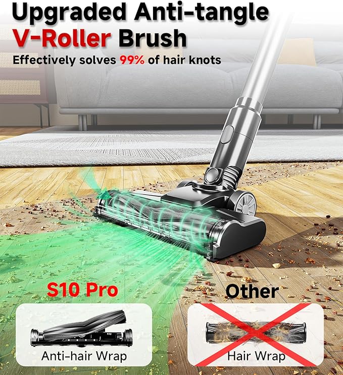 Cordless Vacuum Cleaner, 500W/35Kpa Self-Standing Lightweight Stick Vacuum with Green Light, 45Mins Runtime Vacuum Cleaners for Home, Anti-Tangle Vacuum for Pet Hair Hardwood Floor Carpet, Grey