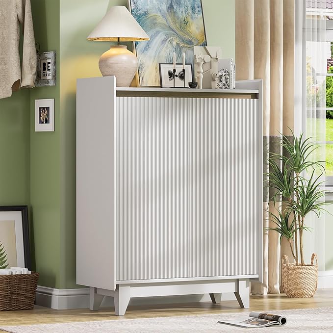 White Fluted Shoe Cabinet with Adjustable Shelves, Shoe Cabinet Storage for Entryway Hallway Living Room Bedroom, Shoe Rack Cabinet with 2 Doors 2PC, White & Walnut 43.7” H