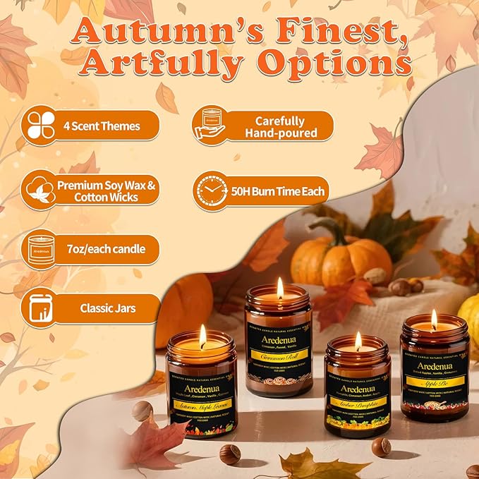 Holiday Candle Set – 4 Pack Winter Cozy Christmas Seasonal Candle Gift - Scent of Cinnamon Roll, Amber Pumpkin, Autumn Leaves & Apple Pie, Hand-Poured Soy Candles for Christmas Cozy Winter Gifting