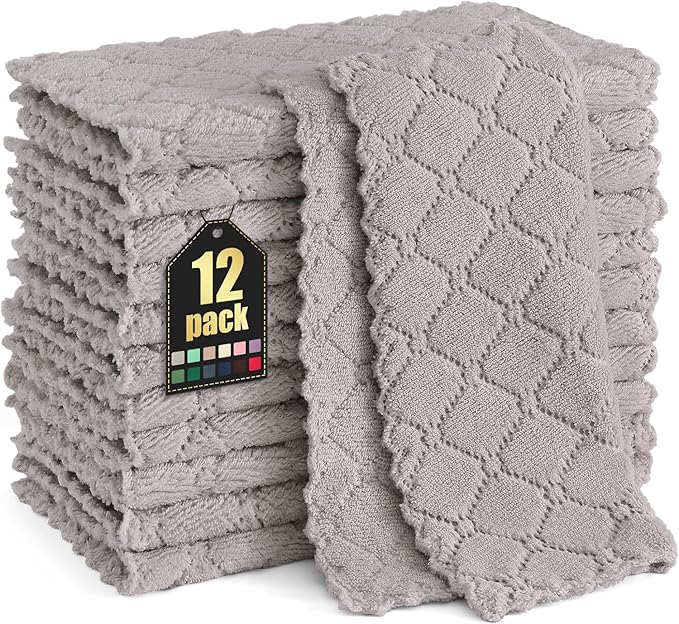 Homaxy 12 Pack Kitchen Dish Cloths (10 x 10 Inches, Grey), Super Soft and Absorbent Coral Velvet Dish Towels, Nonstick Oil Fast Drying Microfiber Cleaning Cloth, No Lint Household Dishcloths