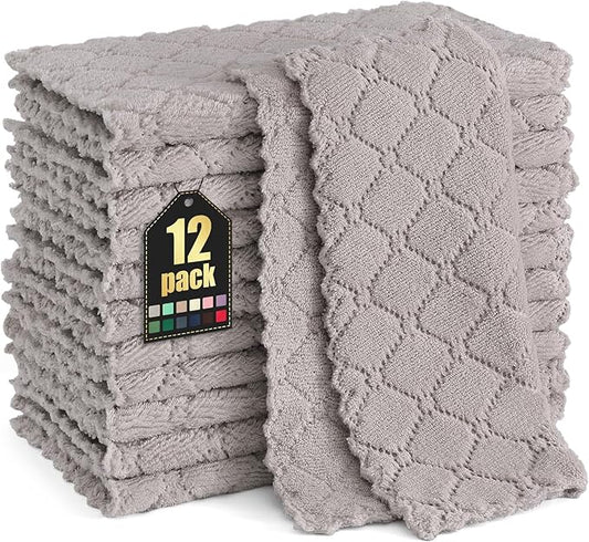 Homaxy 12 Pack Kitchen Dish Cloths (10 x 10 Inches, Grey), Super Soft and Absorbent Coral Velvet Dish Towels, Nonstick Oil Fast Drying Microfiber Cleaning Cloth, No Lint Household Dishcloths