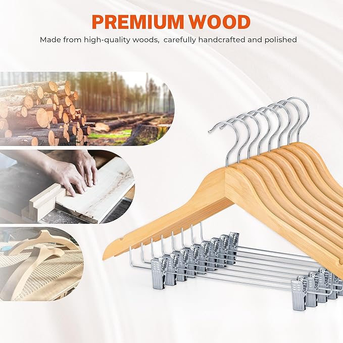 HOUSE DAY Wooden Hangers with Clips 24 Pack,Wooden Suit Hangers Skirt Hangers Solid Wood Pants Hangers Natural Smooth Finish Wood Hangers with Durable Metal Clips for Blouse, Dress, Coat, Jacket