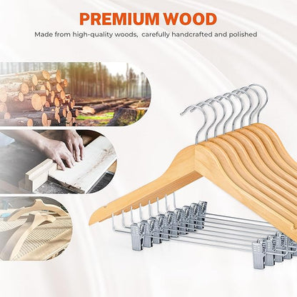 HOUSE DAY Wooden Hangers with Clips 24 Pack,Wooden Suit Hangers Skirt Hangers Solid Wood Pants Hangers Natural Smooth Finish Wood Hangers with Durable Metal Clips for Blouse, Dress, Coat, Jacket