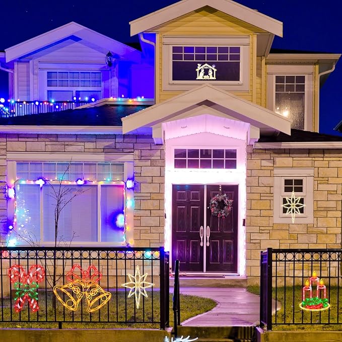 16" Christmas Window Silhouette Lights - 6 Pack Colour Lighted Bell & Candy Cane & Candle & Nativity & Bethlehem Star & Reindeer for Holiday Indoor and Outdoor Wall Door Window Decorate