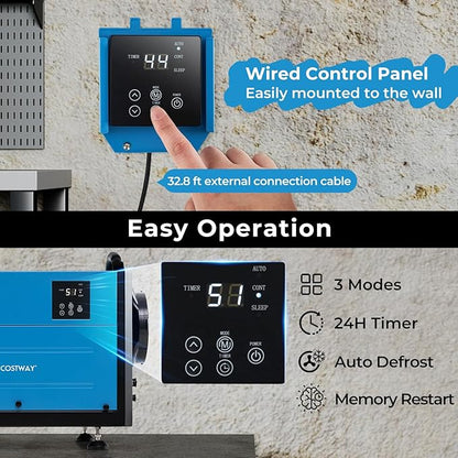 COSTWAY 124 PPD Commercial Dehumidifier, 1300 Sq.Ft Crawl Space Dehumidifier with 9.8 FT Drain Hose & Wired Remote Control Panel, Ideal for Basement, Warehouse, Job Site (Blue)