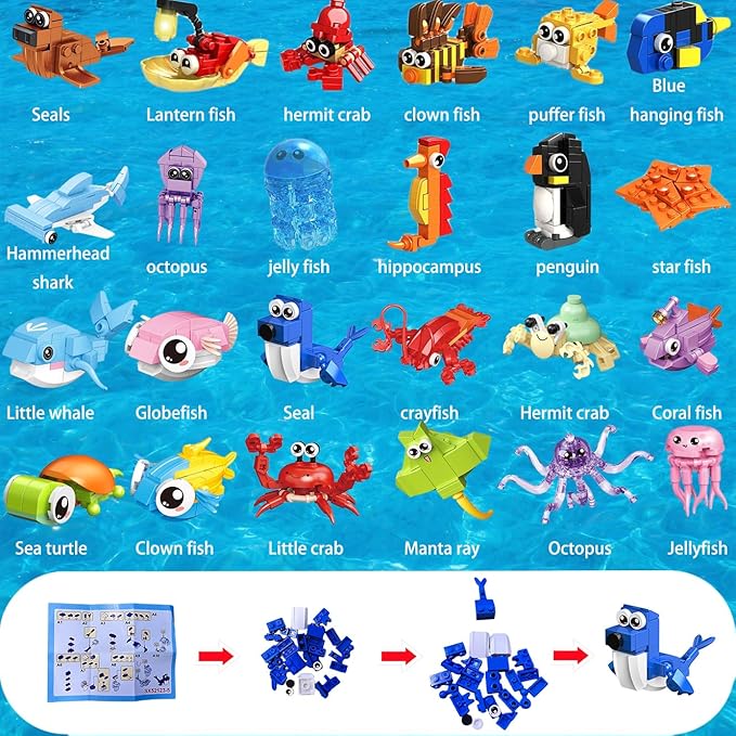 24 Pack Party Favor for Kids Building Set, Mini Ocean Animals Building Blocks Toy for Goodie Bag Stuffers, Classroom Prizes, STEM Toys for Boys,Easter Basket Stuffers, Birthday Gifts