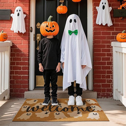 Halloween Door Mat Spooky Ghost Welcome Mat for Front Door Outdoor Entrance Doormat Coir Dirt Trapper with Non Slip Backing, 24x36, Welcome Ghost