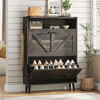 Vabches Shoe Storage Cabinet with 2 Flip Drawers,Freestanding Narrow Shoe Organizer with Open Storage,Hidden Slim Shoe Rack Cabinet for Entryway,Hallway,Dark Rustic Oak