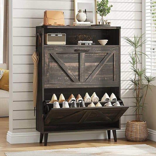 Vabches Shoe Storage Cabinet with 2 Flip Drawers,Freestanding Narrow Shoe Organizer with Open Storage,Hidden Slim Shoe Rack Cabinet for Entryway,Hallway,Dark Rustic Oak