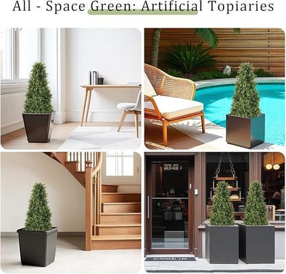 3ft Artificial Boxwood Topiary Trees (Set of 2) - UV Resistant Faux Plants Outdoor, Realistic 36" Fake Cone Bushes and Shrubs for Front Porch, Planter, Patio - Low Maintenance & Evergreen
