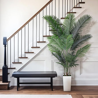 Artificial Areca Palm Tree 7FT Fake Potted Plant Faux Silk Tropical Areca Palm Real Bark Design, Large Artificial Plant in Tall White Pot for Home Living Room House Warming Floor Decor