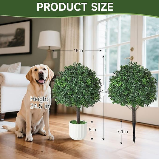 Boxwood Topiary Ball Trees Artificial Outdoor Set of 2, Dual-Base Weighted Planters/Spikes UV Resistant Fake Evergreen Bushes Plants for Front Porch Patio Garden and Door Decor