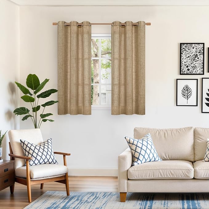 YoungsTex Toffee Linen Curtains 54 Inch Length for Window, Burlap Textured Light Filtering Drapes with Bronze Grommet for Kitchen Bedroom Cafe Decorative Privacy, 2 Panels, 42 X 54 Inch