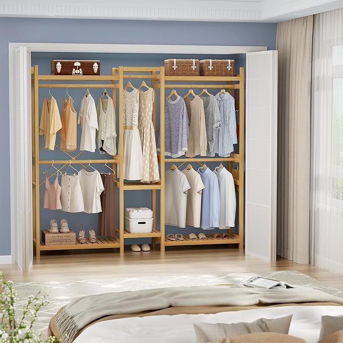 Homykic Bamboo Closet System, Large Clothing Rack for Hanging Clothes, Freestanding Clothes Rack with 7 Shelves & 5 Hanging Rods, Open Wardrobe Closet Organizer Garment Rack with 4 Hooks