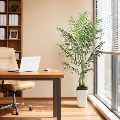 6FT Artificial Palm Tree, Tall Fake Tropical Areca Plant with White Square Planter for Indoor Outdoor Home Decor, Realistic Faux Palm Tree for Living Room, Office, Porch, Garden