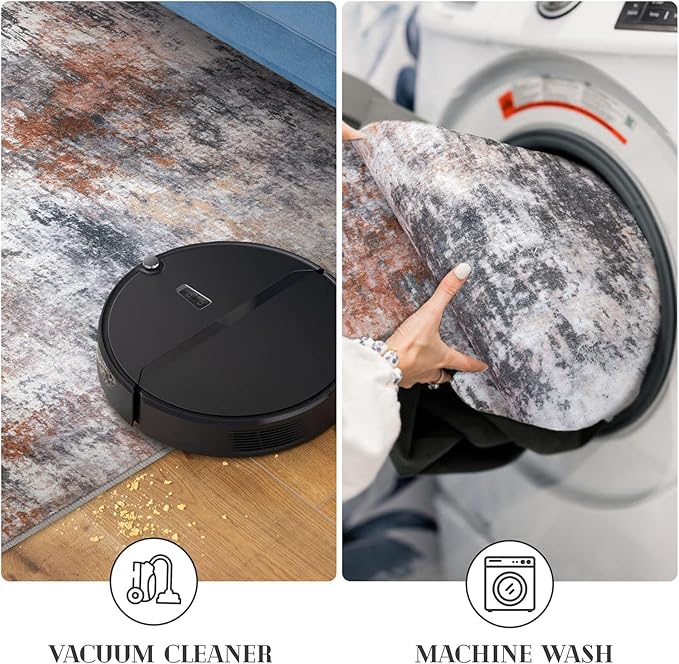 Modern Abstract Runner Rug 2x6, Grey Orange Multi Washable Kitchen Runner Non-Slip Soft Hallway Rug Runner Thin Print Faux Wool Carpet for Entryway Bedroom Laundry Room Indoor Home Decor