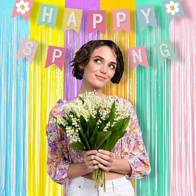 BRAVESHINE Tinsel Foil Fringe Curtains - 2Pcs 3.2x8.2ft Pastel Colourful Photo Backdrop for Christmas New Years Princess Birthdays Easter Bunny Bridal Shower Fairy Candy Donuts Party Decorations