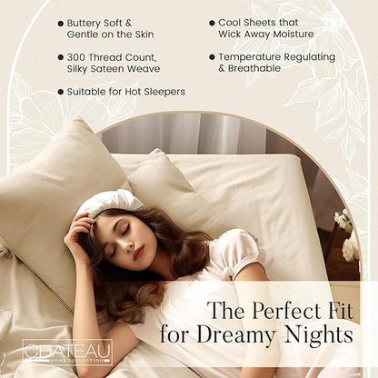 Twin XL 100% Cotton Sheets For Twin Bed, 300TC Fully Elasticated Fitted Sheet & Pillowcase Sets, Fade Resistant Soft & Comfy Deep Pocket Sheets Machine Washable, Naturally Cool & Breathable- Ivory