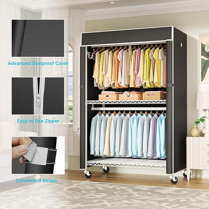 White Clothing Rack with Black Cover, P1C Plus Rolling Closets with Wheels, Metal Garment Rack for Hanging Clothes, Clothing Storage Wardrobe, 46" W x 18.5" D x 80.7" H, Load 524 Pounds