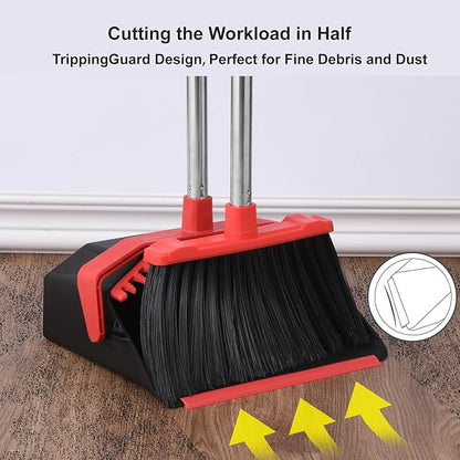 Upgrade Broom with Dustpan Combo Set, Broom and Dustpan Set with 51'' Long Handle, Dust Pan and Brooms, ZeroGap Lip, Self-Cleaning Dustpans Teeth for Lobby Kitchen Restaurant - Black and Red