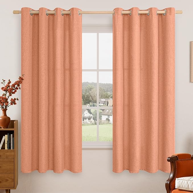 LAMIT Terracotta Linen Curtains 63 Inch Long 2 Panels for Bedroom, Gromment Light Reducing Linen Curtains Boho Thermal Insulated Autumn Decor Drapes for Living Room, Set of 2 Panels, 52×63 inch