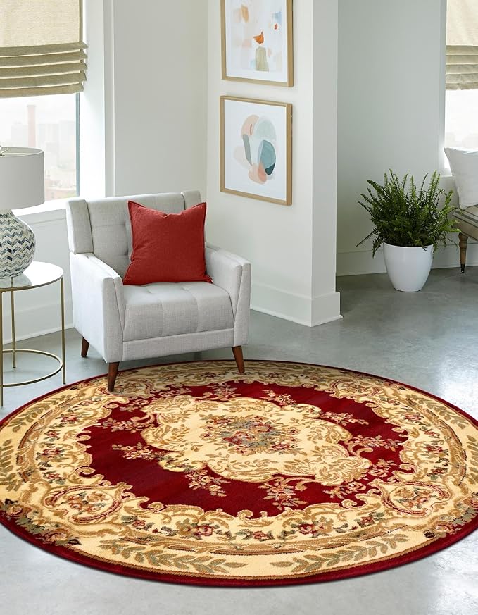 Rugs.com Chateau Collection Rug – 6 Ft Round Red Medium-Pile Rug Perfect for Kitchens, Dining Rooms
