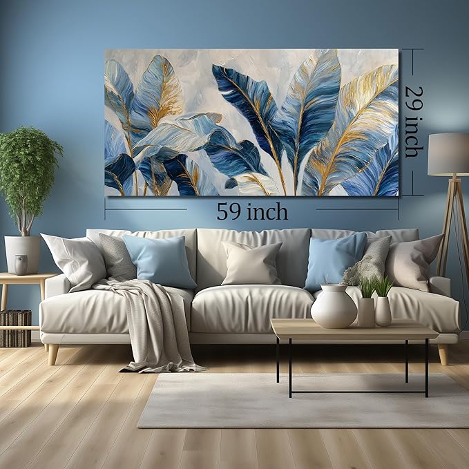 JuhaiArt White Banana Leaf Prints Bedroom Blue Canvas Art Botanical Gold Wall Artwork for Living Room Office 29" x 59"
