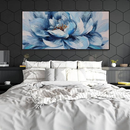 XLSJERST Large Flower Canvas Wall Art for Living Room - Blue and White Flower Picture Print Painting Wall Decor Framed Artwork Ready to Hang for Home Bedroom Wall Decoration Size 70x31 Inches