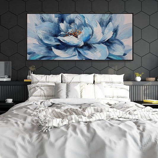 XLSJERST Large Flower Canvas Wall Art for Living Room - Blue and White Flower Picture Print Painting Wall Decor Framed Artwork Ready to Hang for Home Bedroom Wall Decoration Size 70x31 Inches