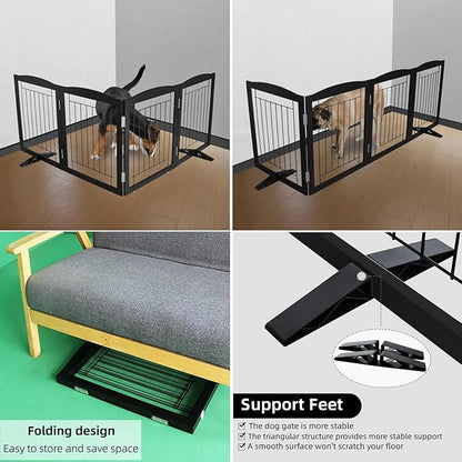 ZJSF Freestanding Dog Fence Indoor, Foldable Dog Gate for Doorways, Stairs or Hallways, Sturdy Wood Extra Wide Pet Gate with Support Feet for The House, Black, 32 "Height-2 Panels