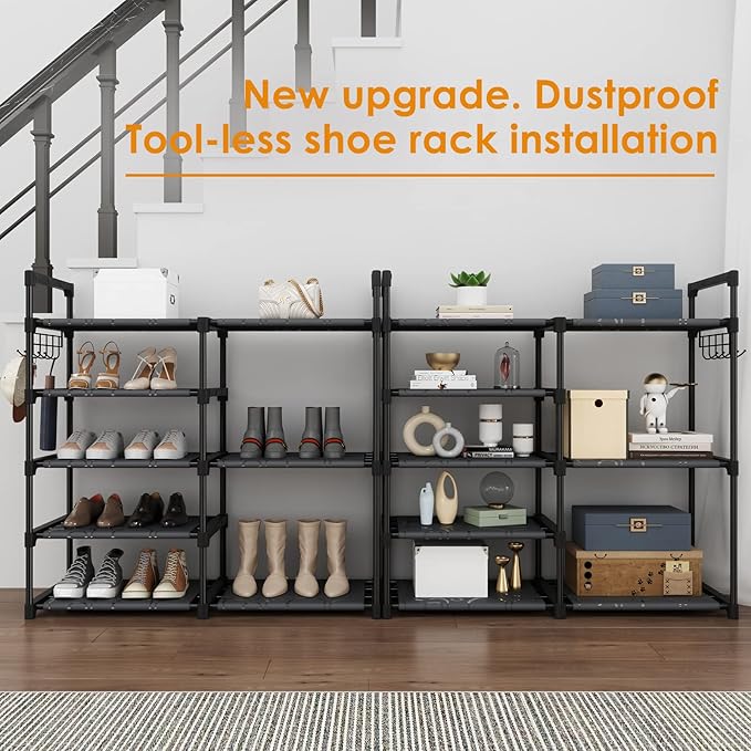 Black Tubes Closet Shoe Rack, 5 Tier Oxford Fabric Shelf, Easy Assembly, Sturdy and Durable, Holds Up to 30 lbs
