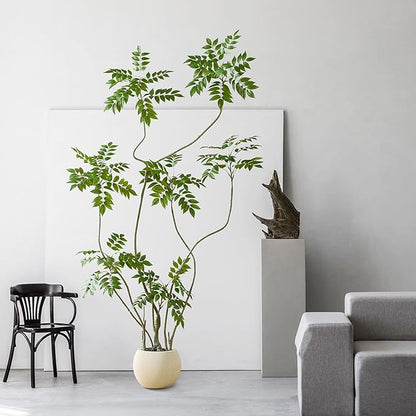 Artificial Sumac Tree：6FT Faux Mahonia Fortunei Tree Realistic Fake Floor Plant Silk Leaves & Elegant Branches in Pot Fake Plant for Minimalist Decor Indoor Home Sala Office Hotel Patio Studio
