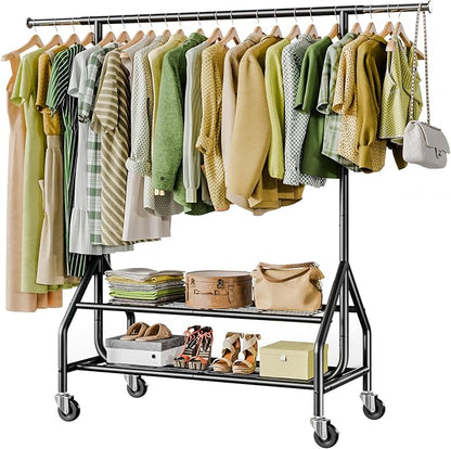 Clothes Rack with 2 Shelves, Heavy Duty Garment Rack Load 450 LBS, Standing Rolling Metal Hanging Clothes with Sturdy Wheels & Shelves