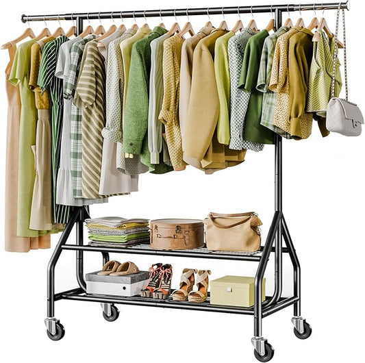 Clothes Rack with 2 Shelves, Heavy Duty Garment Rack Load 450 LBS, Standing Rolling Metal Hanging Clothes with Sturdy Wheels & Shelves