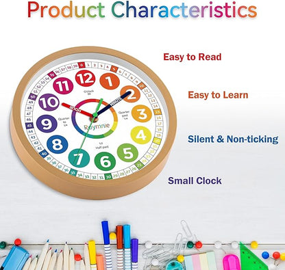 Wall Clock for Kids Learning to Tell Time Analog Non Ticking Battery Operated Kids Small Teaching Clock Silent Colorful Teaching Time Clock for Kids Room Classroom School（8 Inch）