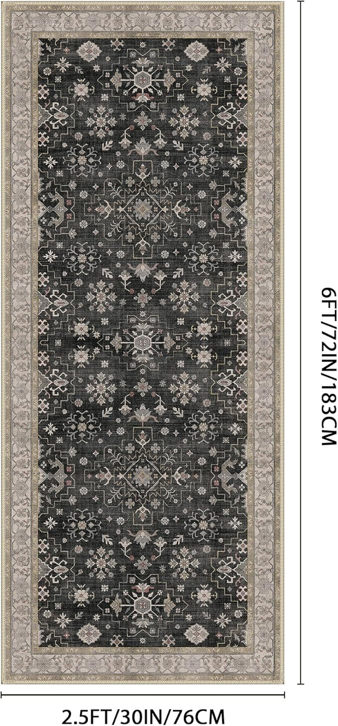 GENIMO 2'5x6 Runner Rug,Machine Washable Non-Slip Vintage Rugs,Low Pile Lightweight Carpet for Bedroom,Hallway,Entryway,Kitchen,Bathroom,Black
