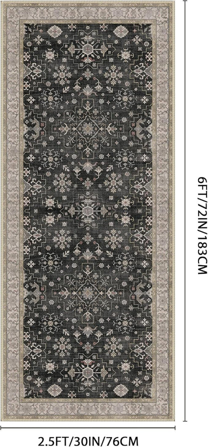 GENIMO 2'5x6 Runner Rug,Machine Washable Non-Slip Vintage Rugs,Low Pile Lightweight Carpet for Bedroom,Hallway,Entryway,Kitchen,Bathroom,Black