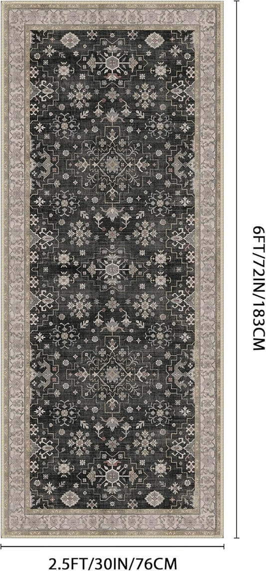 GENIMO 2'5x6 Runner Rug,Machine Washable Non-Slip Vintage Rugs,Low Pile Lightweight Carpet for Bedroom,Hallway,Entryway,Kitchen,Bathroom,Black