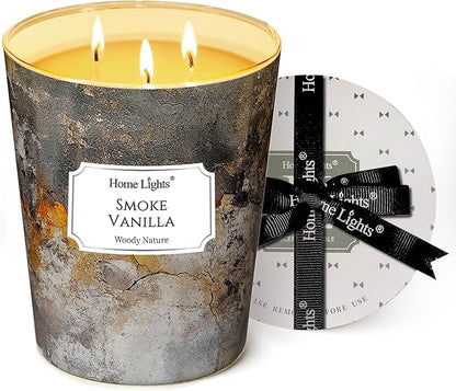 HomeLights Scented Candles | Large Jar 34 Oz Natural Soy Candle | 130 hrs Long-Lasting with 3 Wicks | Industrial Chic Home Decor | Gifts for Mom & Women, Smoke Vanilla