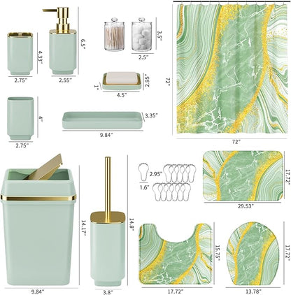 25PCS Bathroom Accessory Set, Green Bathroom Set with Large-Capacity 4 Gallon Trash Can,Bathroom Rugs Set, Waterproof Shower Curtain, Toilet Brush, Toothbrush Holder & Soap Dispenser