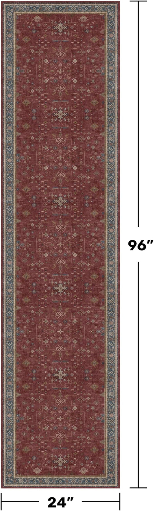 Red 2x8 Long Hallway Runner Rug - Boho Washable Indoor Front Door Mat for Entryway, Non Skid Rugs for Kitchen, Vitange Geometric Floral Low Pile & Soft Runner Carpet